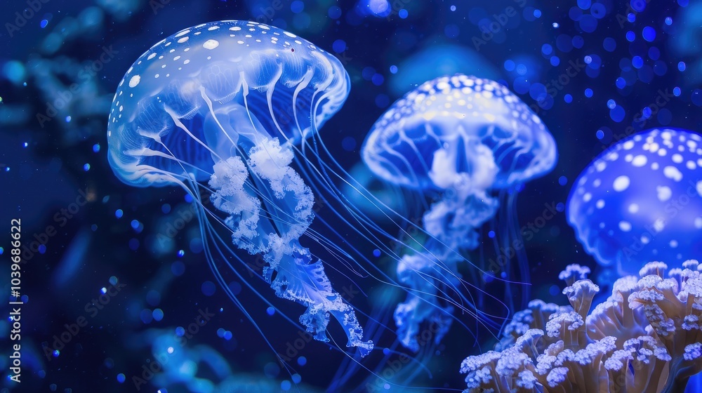 Common jellyfish in aquarium lit by blue light Common jellyfish in aquarium lit by blue light