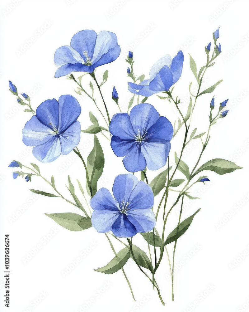 Fototapeta premium Delicate blue flowers in watercolor painting, showcasing their beauty and grace. soft hues and gentle strokes create serene and calming atmosphere