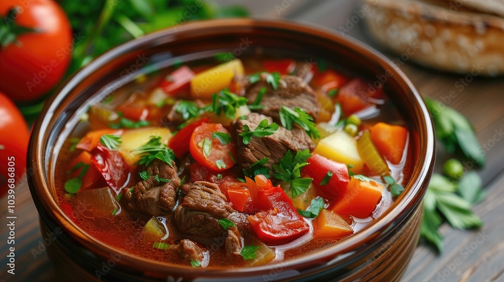 Thick soup with beef potatoes tomatoes and bell peppers Thick soup with beef potatoes tomatoes and bell peppers