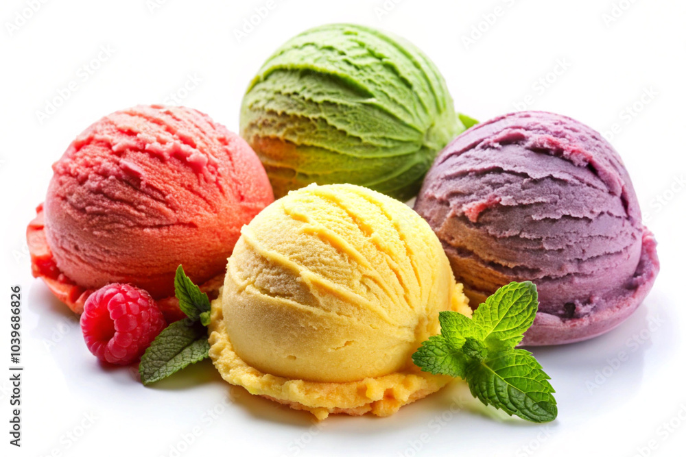 Fruity ice cream scoops,isolated on white background Fruity ice cream scoops,isolated on white background