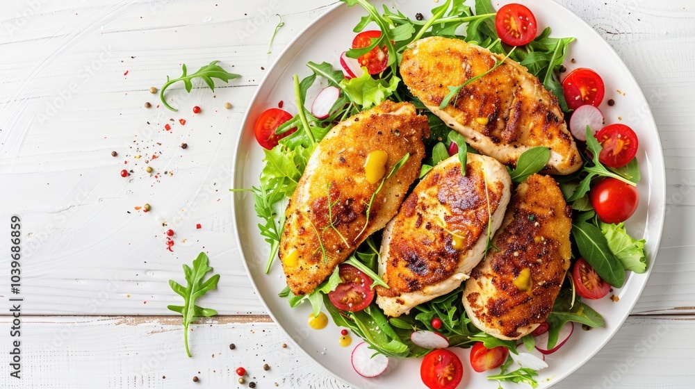 fried chicken breasts with mixed green salad tomatoes and yellow mustard on plate on white wooden table horizontal view from above flat lay close up fried chicken breasts with mixed green salad tomatoes and yellow mustard on plate on white wooden table horizontal view from above flat lay close up