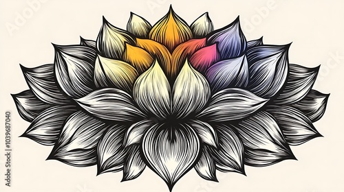 A vibrant mandala with rainbow hues radiating outward in a symmetrical pattern, each layer glowing with bright colors from red to blue. The design is cheerful and energetic,