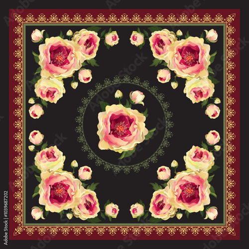 Scarf design with pink baroque roses elements..