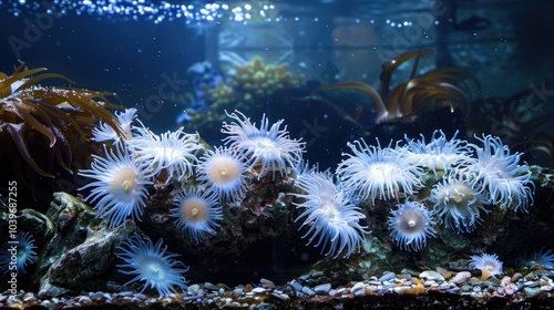 White Plumose Sea Anemones in an aquarium Close up scene in artificial lighting photo