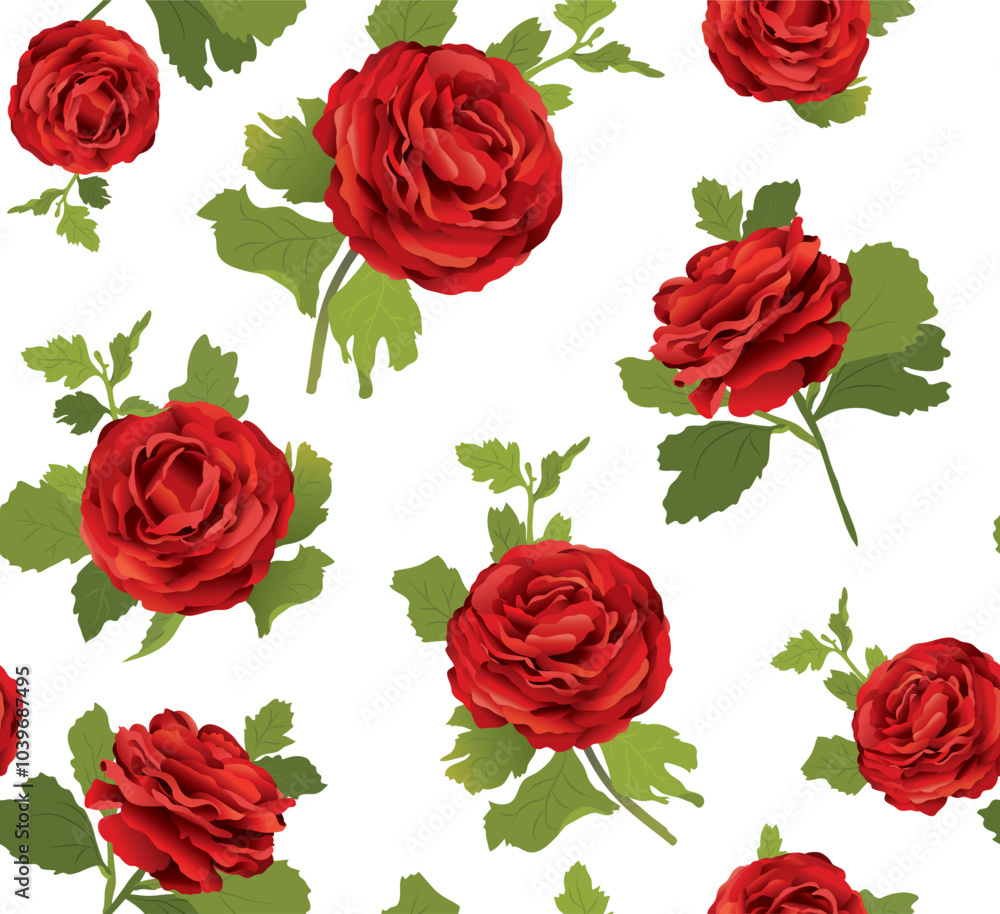 Rose flower design in red and green colors, vector seamless pattern on white background. Elements are isolated and editable.