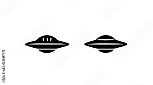 Black and white illustration of a flying space saucer. UFO. Alien flying ship.