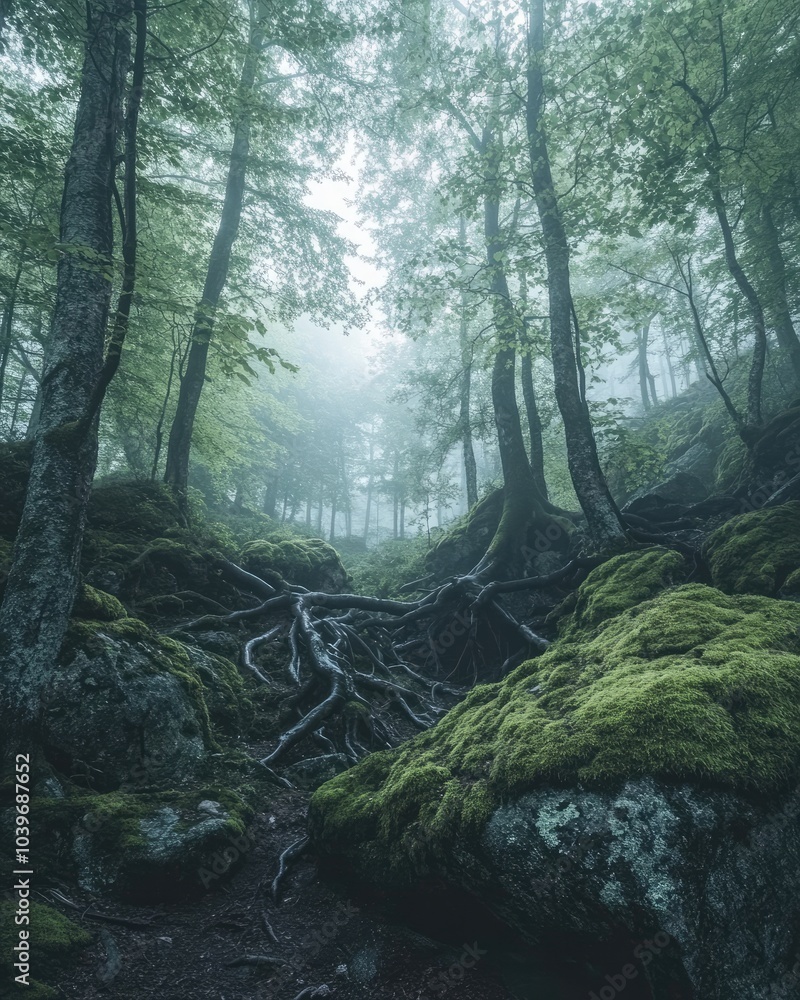 Mystical Dense Forest with Towering Ancient Trees Covered in Lush Green Moss Mystical Dense Forest with Towering Ancient Trees Covered in Lush Green Moss