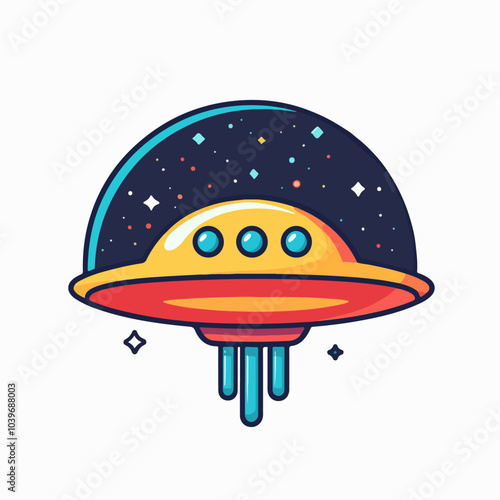 Illustration of a flying space saucer. UFO. Alien flying ship.