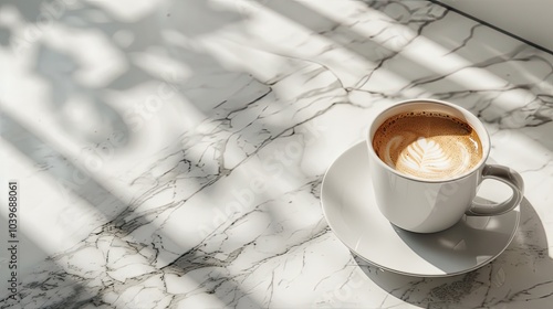 Morning coffee served in a cup with space to write on marble photo