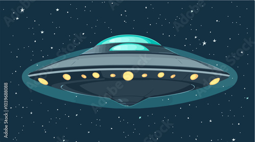 Illustration of a flying space saucer. UFO. Alien flying ship.