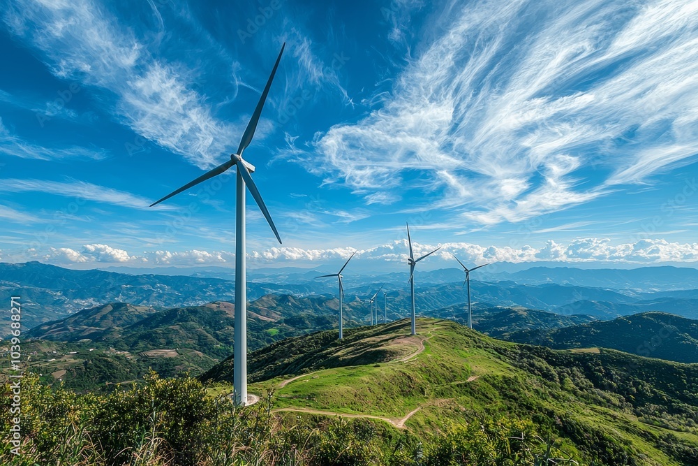A green meadow full of windmills producing alternative energy A green meadow full of windmills producing alternative energy