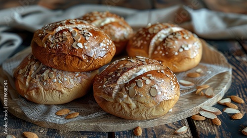 Home baked bread buns with soft crumb and delicious creamy almond fill Wheat buns with almond fresh cheese and cream fill sprinkled with sliced almonds Sweet sandwich breads with brioche dough photo