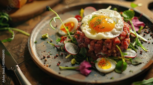 Beef Tartare with Quail Egg and Salad Mix on Rustic Plate photo