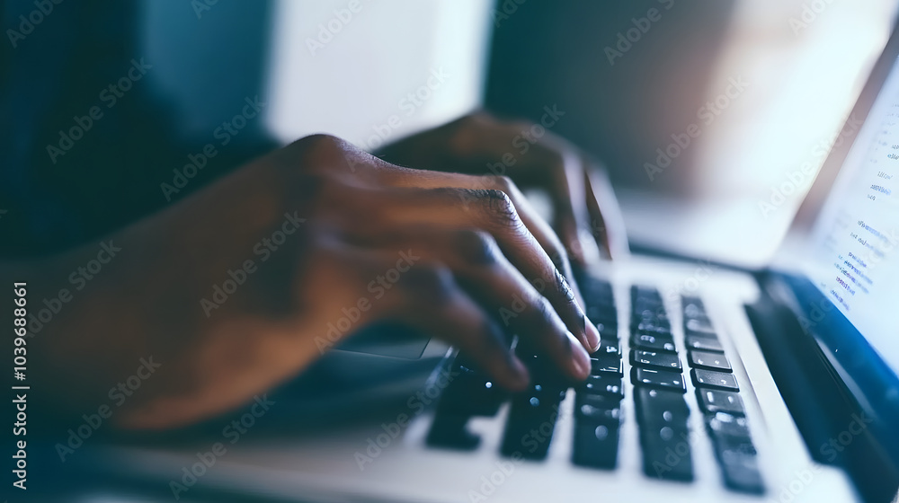 Close-up of hands typing on laptop keyboard with dim lighting, emphasizing technology, productivity,and working late or remotely. Hands typing on laptop. Hands. typing Close-up of hands typing on laptop keyboard with dim lighting, emphasizing technology, productivity,and working late or remotely. Hands typing on laptop. Hands. typing