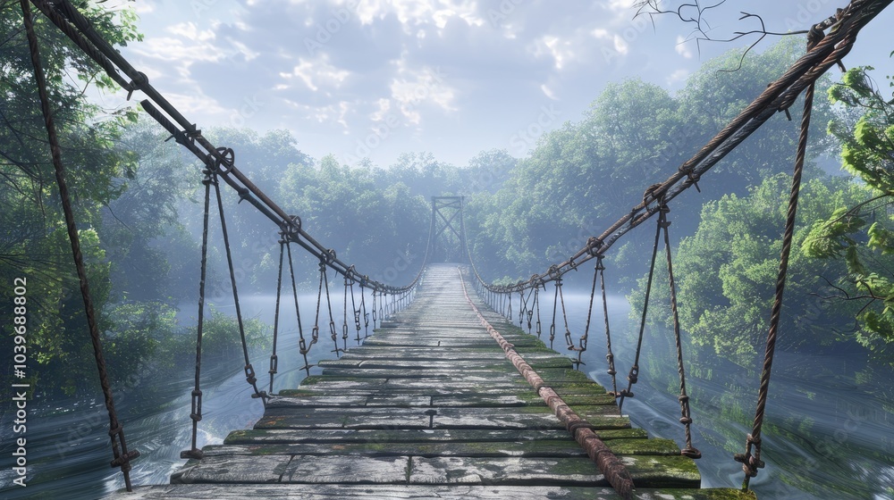 Obraz premium Restored wooden suspension bridge across the river on iron metal rusty cables Pedestrian crossing over the river above the green crowns of trees