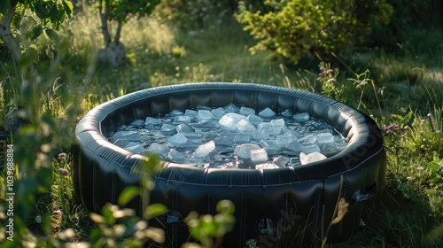 Portable plastic inflatable tub in a garden ready for ice bathing in the cold water filled with ice cubes Wim Hof Method cold therapy breathing techniques yoga and meditation photo