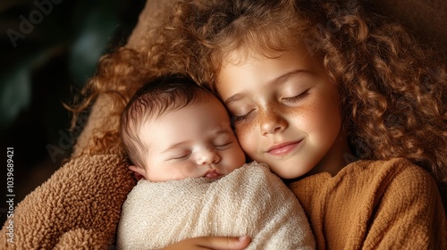 An older sibling embraces a gently sleeping baby, showcasing warmth, affection, and deep love surrounded by a cozy, nurturing environment with soft textures.