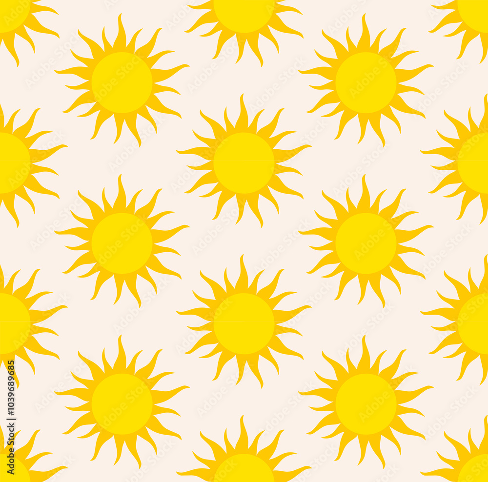 Seamless pattern of bright yellow suns on a light yellow background. Simple, cartoonish sun with sharp, spiky rays radiating outwards. Evenly spaced grid pattern. Cheerful, sunny, and optimistic. Seamless pattern of bright yellow suns on a light yellow background. Simple, cartoonish sun with sharp, spiky rays radiating outwards. Evenly spaced grid pattern. Cheerful, sunny, and optimistic.
