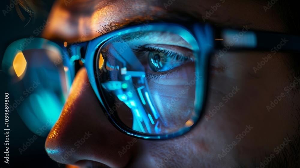Eyes in glasses looking at computer screen with computer reflection at eyeglasses. Using computer, working online, tracking databases. Eyes in glasses looking at computer screen with computer reflection at eyeglasses. Using computer, working online, tracking databases.