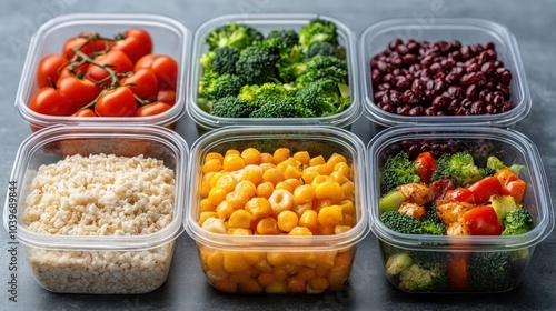 A collection of meal prep containers filled with vibrant vegetables including tomatoes, broccoli, and beans, ready for healthy, nutritious eating and cooking preparation.