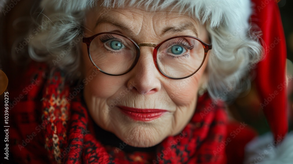 A woman in a red scarf and a Santa hat with glasses on her face A woman in a red scarf and a Santa hat with glasses on her face