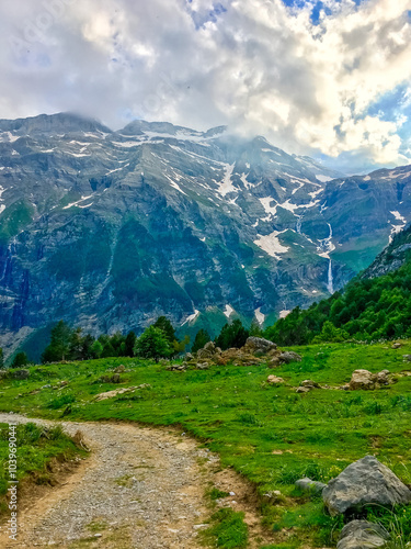 A scenic pathway leads through lush alpine meadows toward majestic snow-capped mountains, embodying the beauty of nature and adventure