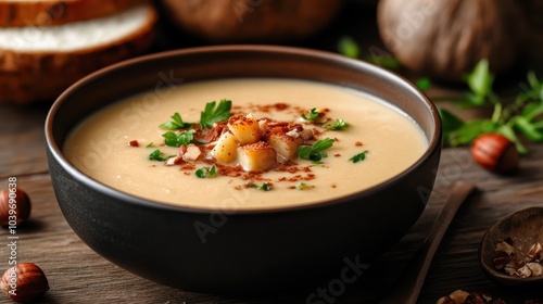 An enticing close-up of a rich, creamy potato soup topped with crispy bacon bits and fresh herbs, creating a comforting and hearty dining experience.