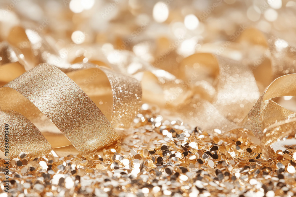 Gold confetti scattered on a surface. Festive and celebratory atmosphere Gold confetti scattered on a surface. Festive and celebratory atmosphere
