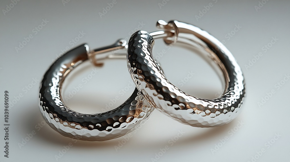 Thin silver hoops a textured finish isolated on a neutral minimalistic background bringing attention to their subtle yet intricate detailing Thin silver hoops a textured finish isolated on a neutral minimalistic background bringing attention to their subtle yet intricate detailing