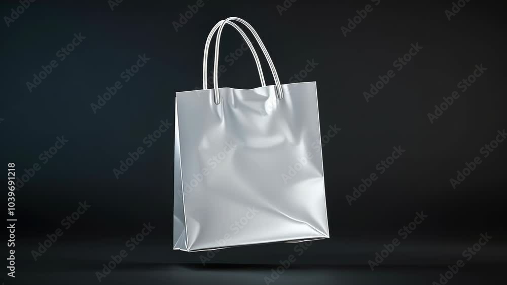 A white tote bag with handles hangs in the air against a black background A white tote bag with handles hangs in the air against a black background