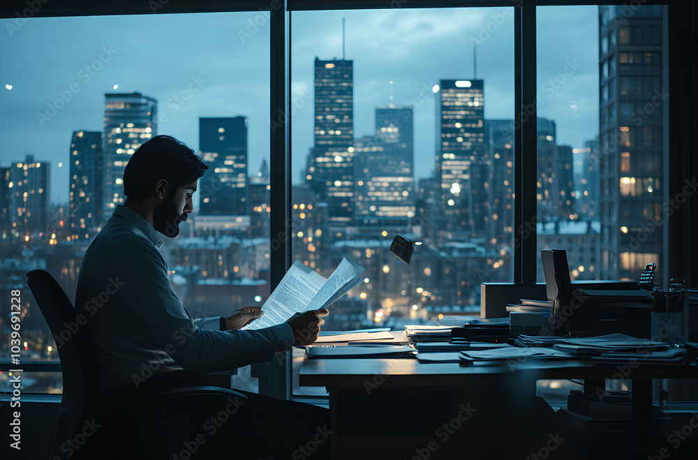 A man in silhouette sits at his desk in an office, working late at night with a cityscape visible through the window. A man in silhouette sits at his desk in an office, working late at night with a cityscape visible through the window.