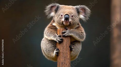 An adorable koala clings onto a tree branch, its soft fur and perky ears accentuating its cuteness, embodying the essence of nature and tranquility. photo