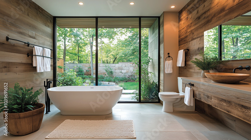 interior of a bathroom, wooden walls, wndows with view on forest