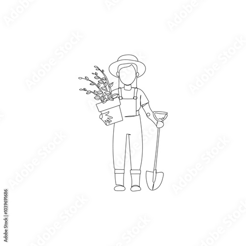 Dessin en ligne continue d'une femme faisant du jardinage, line art, vecteur