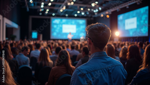 A rear view of the audience attentively listening to a speaker on stage at a business conference, forum, seminar