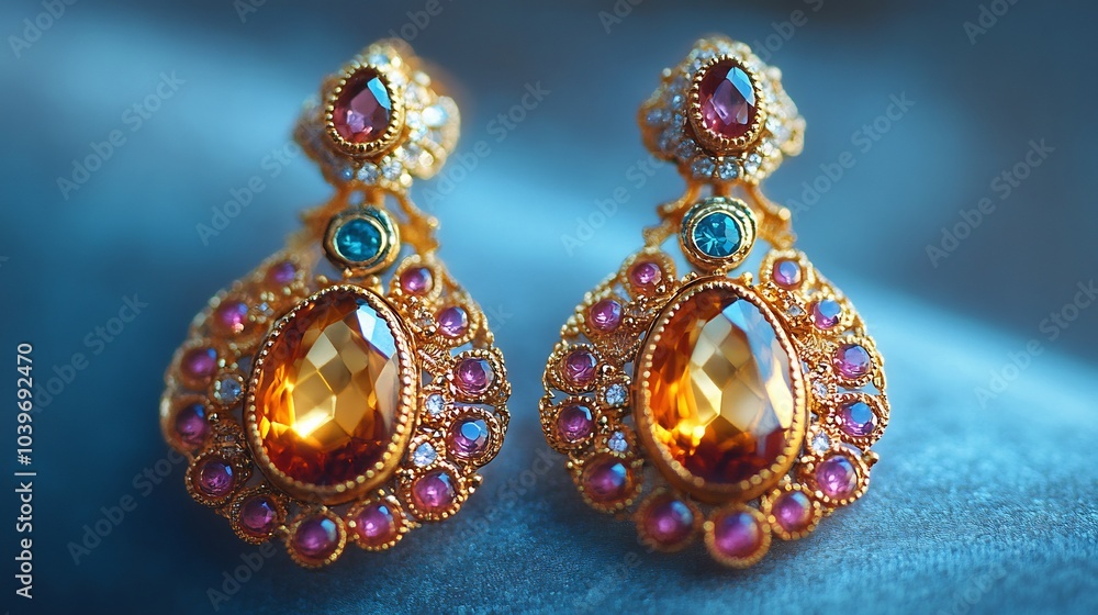 Fototapeta premium Vintage chandelier earrings ornate goldwork and gemstone accents displayed on a soft minimalistic surface emphasizing their timeless beauty