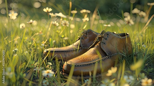 mens shoes on the meadow photo