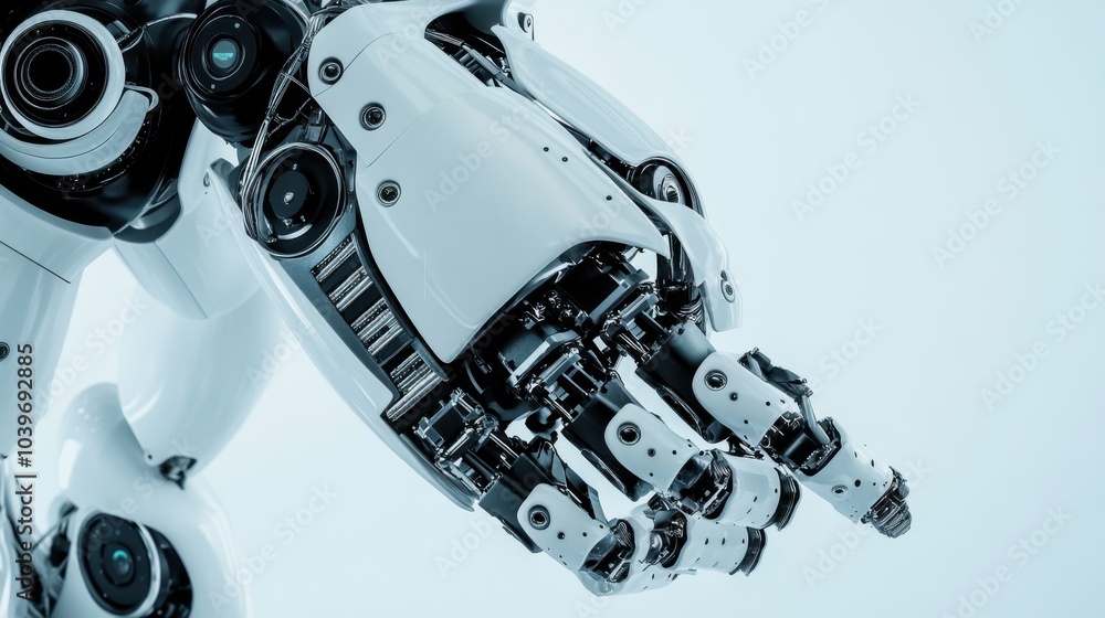 A close-up of a humanoid robot’s shoulder joint with visible servo motors and articulation points, clean background highlighting the shoulder’s mechanical details, Innovative style A close-up of a humanoid robot’s shoulder joint with visible servo motors and articulation points, clean background highlighting the shoulder’s mechanical details, Innovative style