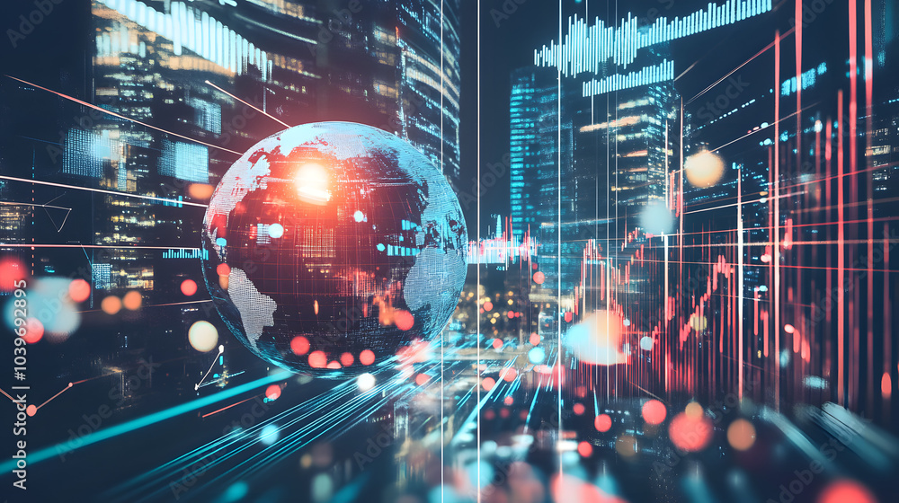 Fototapeta premium Digital rendering of a globe with financial data and charts over a futuristic cityscape, symbolizing global economy, technology, and innovation