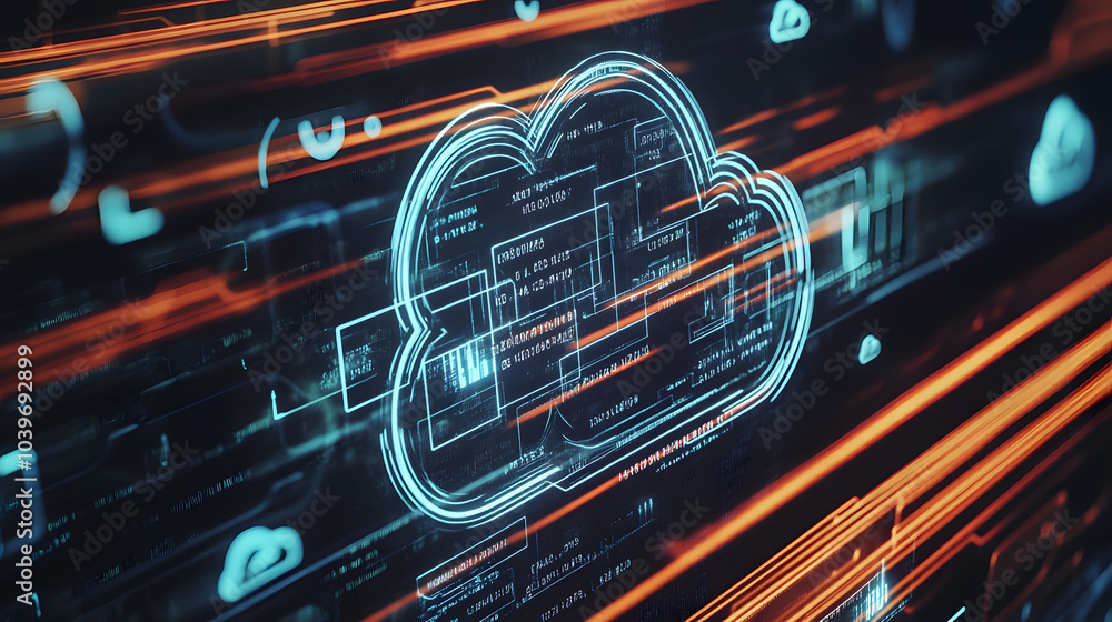 Digital representation of a cloud icon with data streams and technology ...