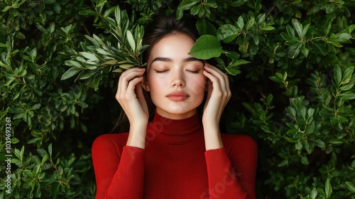 A serene woman with peaceful expression and closed eyes surrounded by abundant greenery, highlighting tranquility and natural beauty. Perfect for peaceful themes.