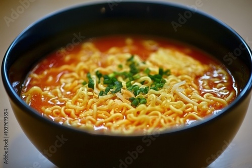 Instant Noodles in Bowl. Quick, Cheap, and Healthy Meal with Spicy Chili Flavor photo