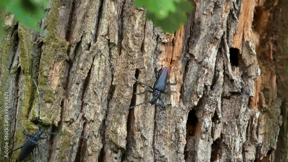 Great capricorn beetle (Cerambyx cerdo) fighting in the tree Great capricorn beetle (Cerambyx cerdo) fighting in the tree