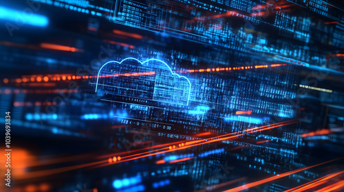 high-tech visualization of cloud computing with fast-moving data streams and security lock icons, symbolizing cloud security, speed, and digital transformation.