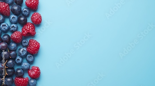 Abundance of fresh berries and blueberries on a vibrant blue background