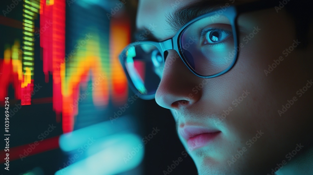 Focused Young Man in Glasses Intently Analyzing Stock Market Charts on Computer Screen, Close-Up Detailed Portrait Focused Young Man in Glasses Intently Analyzing Stock Market Charts on Computer Screen, Close-Up Detailed Portrait