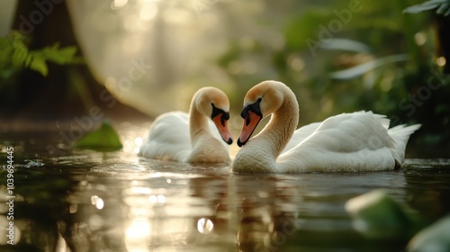 Two elegant swans swim closely together in the gentle morning light on a tranquil forest pond, embodying tranquility, partnership, and natural beauty. photo