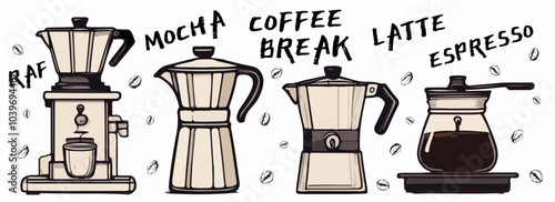 Coffee brewing equipment in trendy doodle style isolated on white background. Trendy vector illustrations for menu, coffee shop print, wallpaper, greeting, background, poster, card