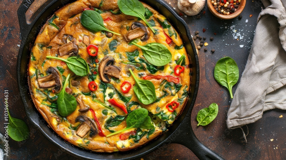 Brunch egg frittata with spinach roasted red peppers mushrooms in cast iron vertical top view Brunch egg frittata with spinach roasted red peppers mushrooms in cast iron vertical top view