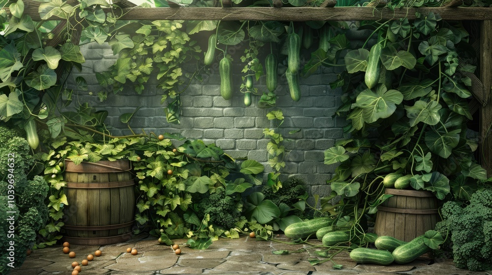 Cucumber bed Cucumber vines are hung on a trellis next to a barrel for watering Growing vegetables Cucumber bed Cucumber vines are hung on a trellis next to a barrel for watering Growing vegetables